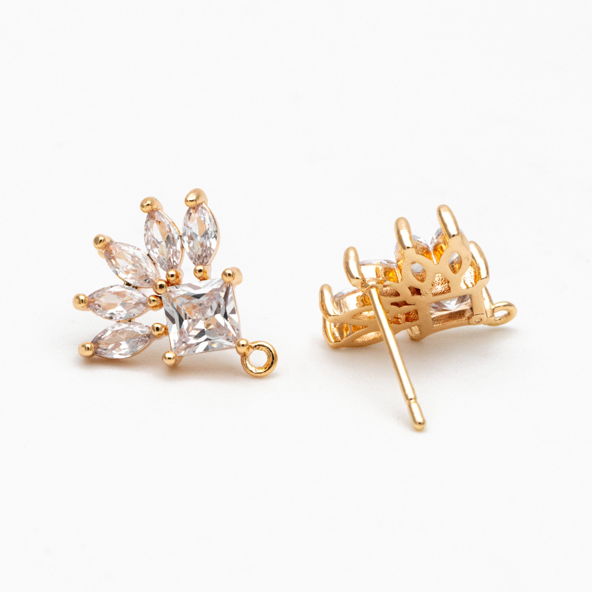 4pcs CZ Pave Rhombus Earrings with Loop, 18K Gold plated Brass Ear Posts, Geometric Earring Findings (#GB-1205-F)